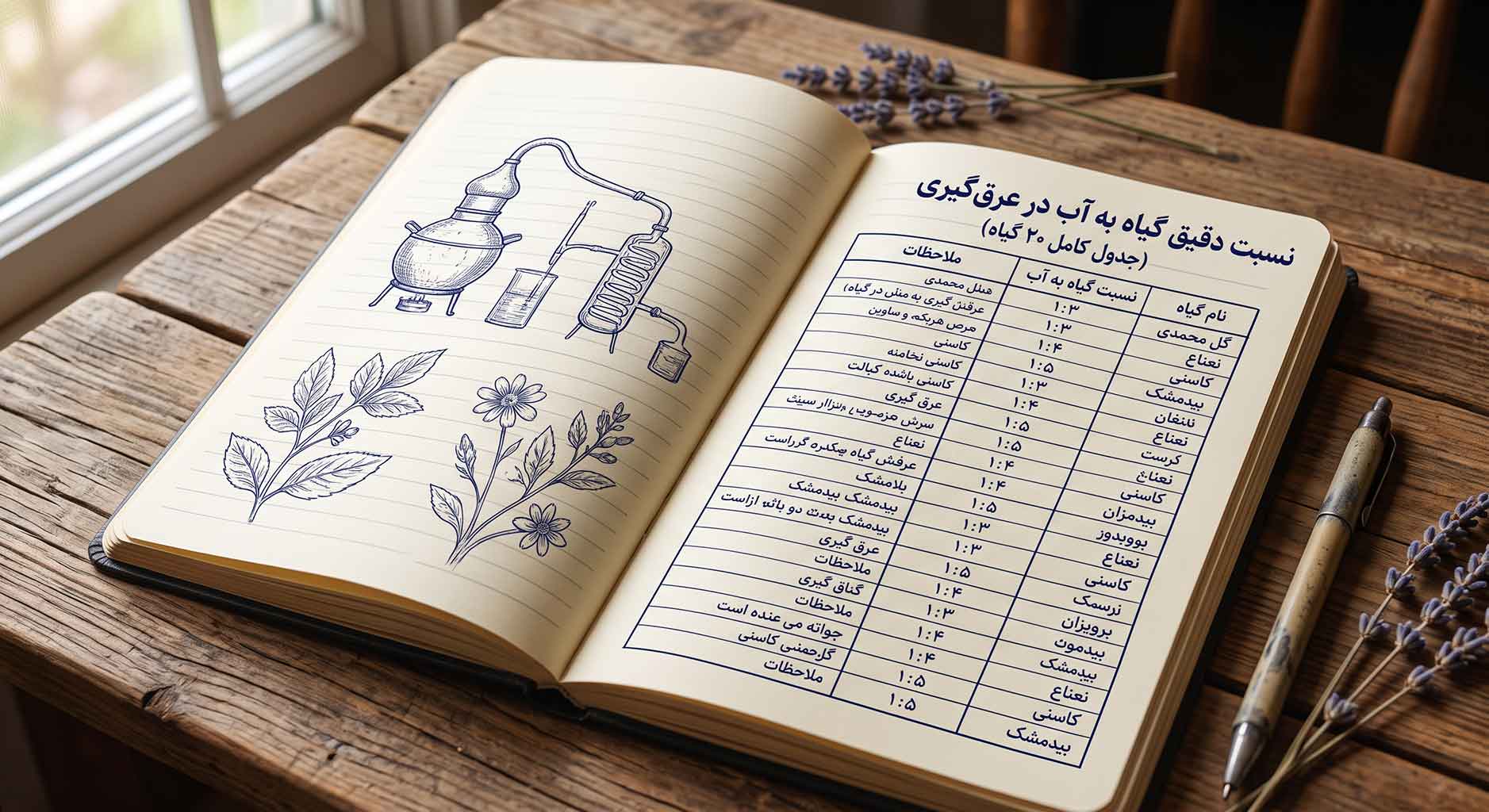 نسبت دقیق گیاه به آب در عرقگیری (جدول کامل ۲۰ گیاه)